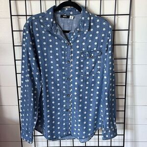 BDG Urban Outfitters Denim Polka‎ Dot LS Button Up Shirt Womens L Blue